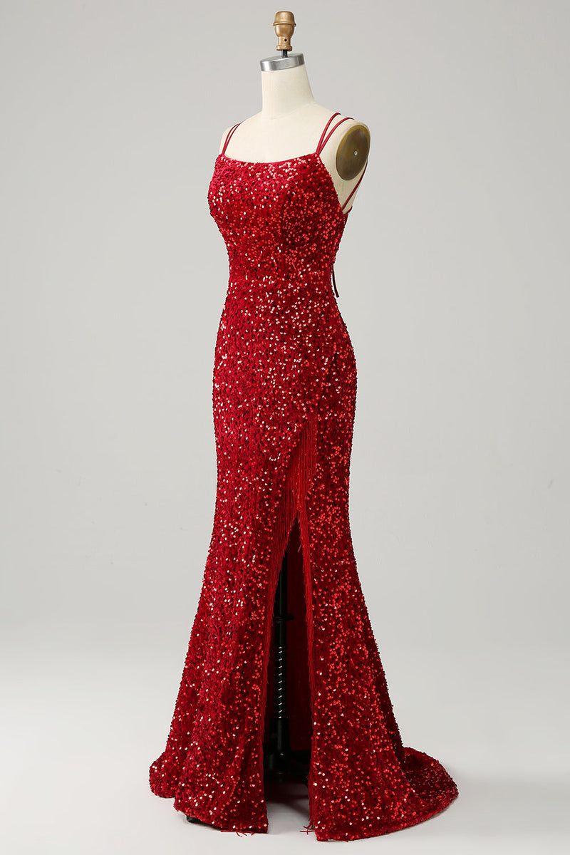 Załaduj obraz do przeglądarki galerii, Czerwona Długa Cekinowa Sukienka Na Studniówkę Z Rozcięciem