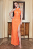 Załaduj obraz do przeglądarki galerii, Pomarańczowy Dekolt Halter Syrenka Cekinowa Sukienki Na Studniówke z Rozcięciem