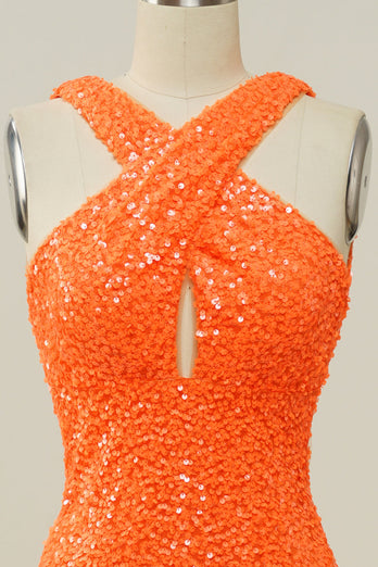 Pomarańczowy Cekinowa Sukienka Na Studniówkę Bez Pleców