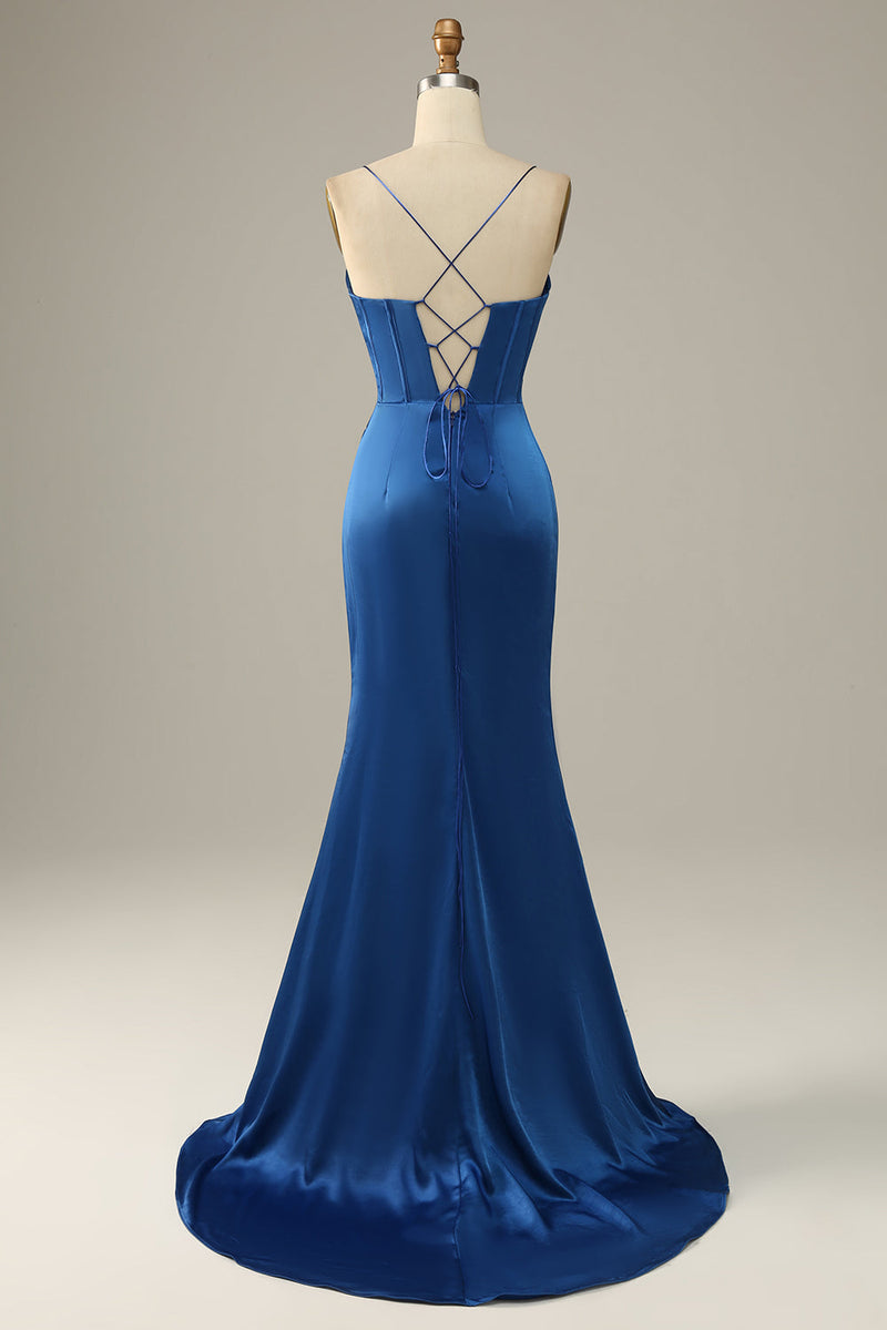 Załaduj obraz do przeglądarki galerii, Długie Królewska Niebieska Syrenka Sukienki Na Studniówke Z Rozcięciem