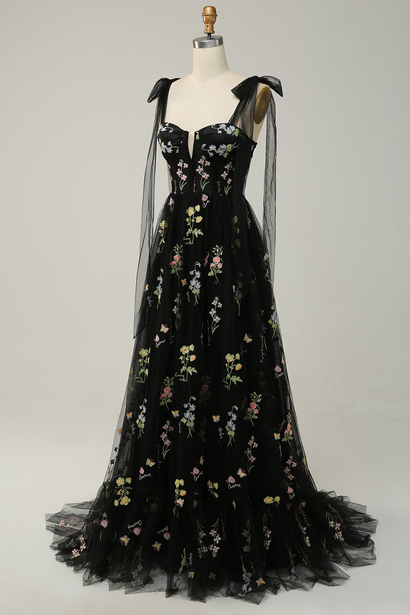 Załaduj obraz do przeglądarki galerii, Czarna Haft Gorset Długa Sukienka Na Studniówkę