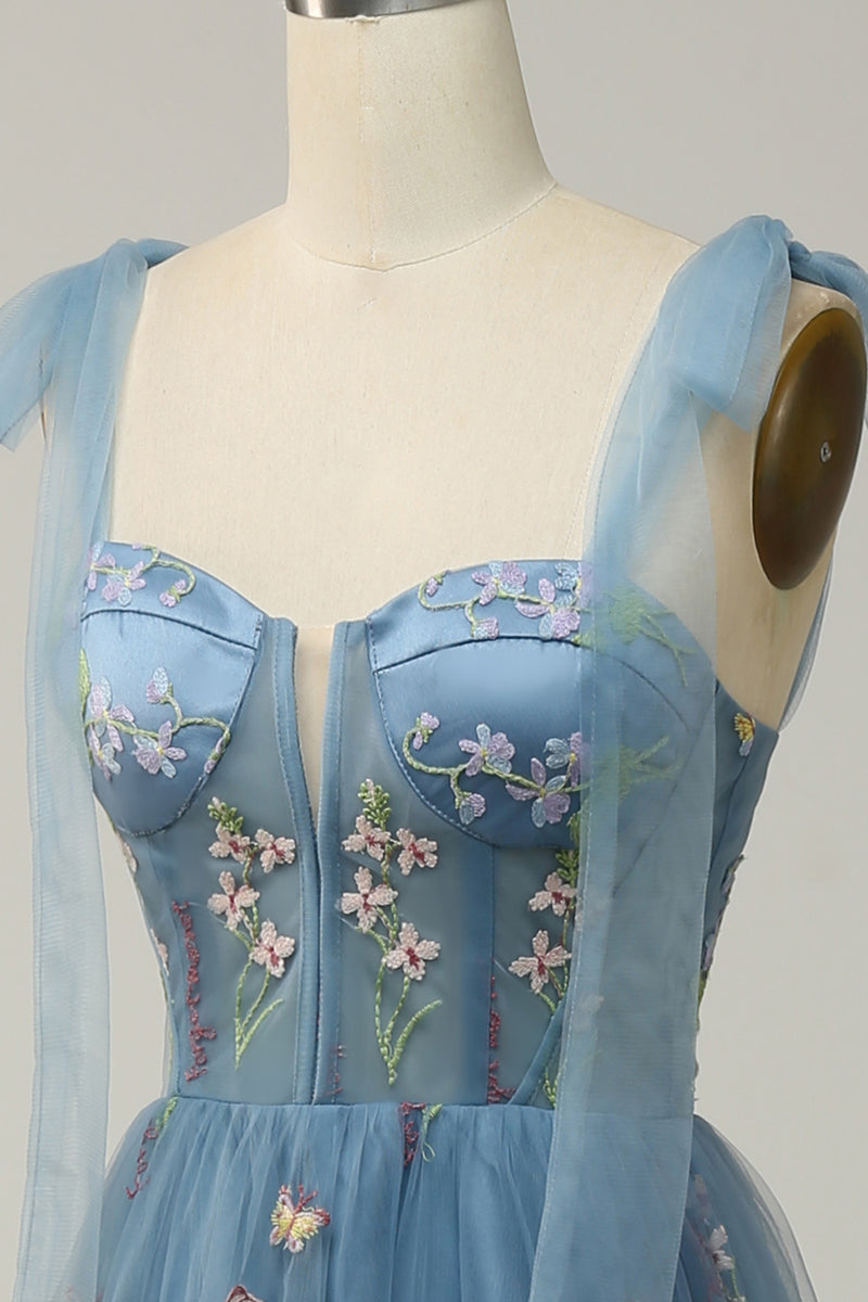 Załaduj obraz do przeglądarki galerii, Niebieska Haft Gorset Długa Sukienka Na Studniówkę