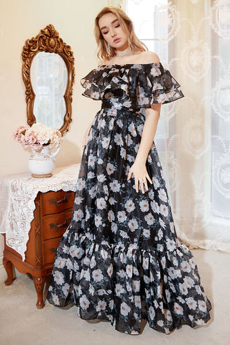 Czarna Plus Size Kwiatowy Nadruk Sukienka Na Studniówkę Z Odkrytymi Ramionami