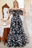 Załaduj obraz do przeglądarki galerii, Czarna Plus Size Kwiatowy Nadruk Sukienka Na Studniówkę Z Odkrytymi Ramionami