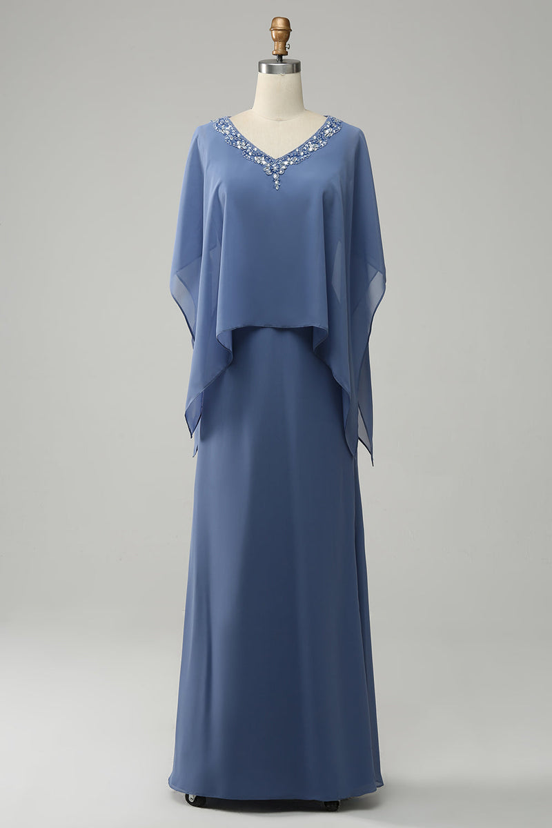 Załaduj obraz do przeglądarki galerii, Niebieska Błyszczące Batwing Rękawy Sukienki Na Wesele Dla Mamy z Koralikami