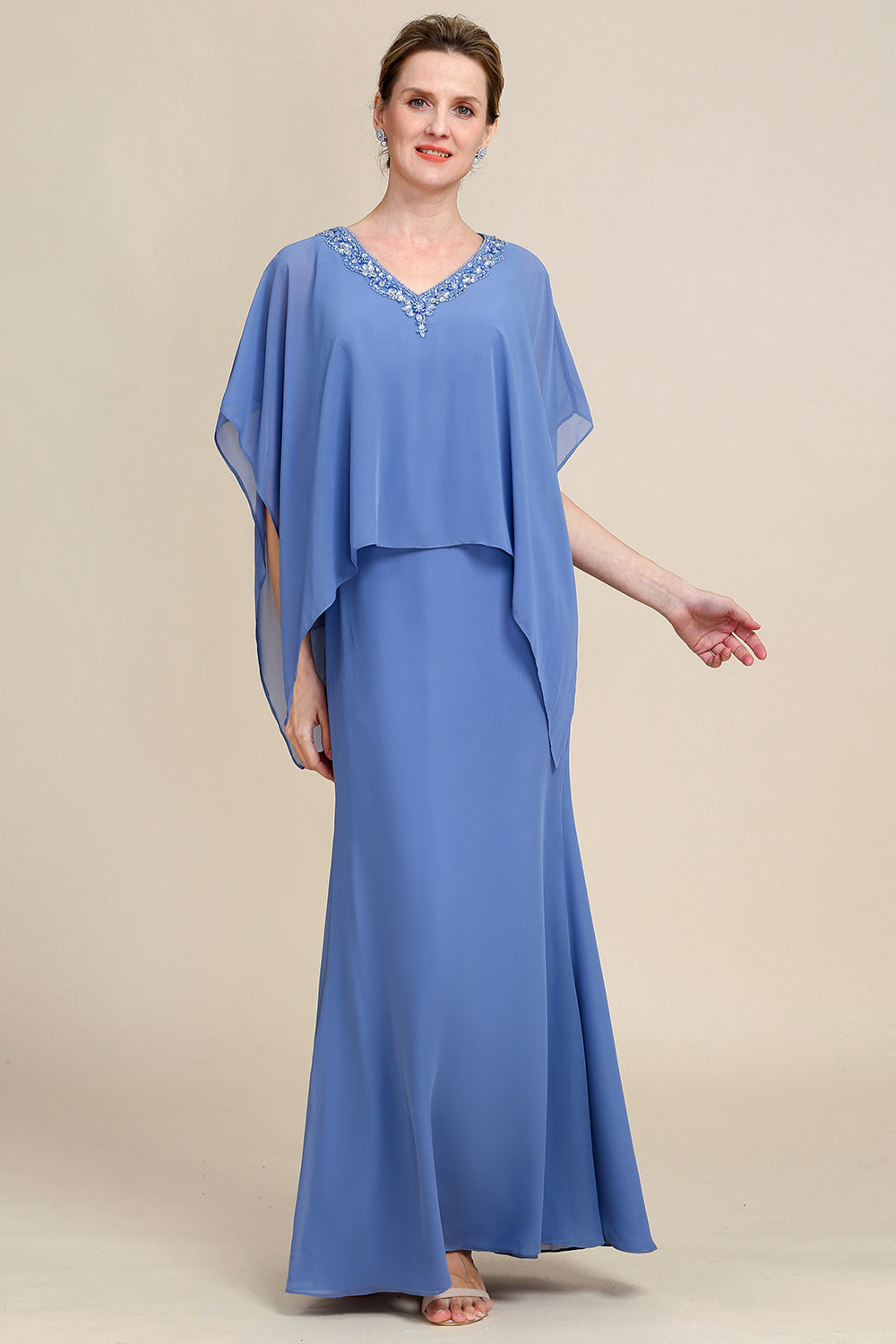 Niebieska Błyszczące Batwing Rękawy Sukienki Na Wesele Dla Mamy z Koralikami