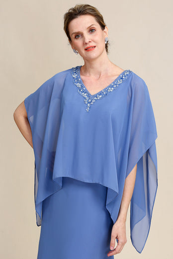 Niebieska Błyszczące Batwing Rękawy Sukienki Na Wesele Dla Mamy z Koralikami