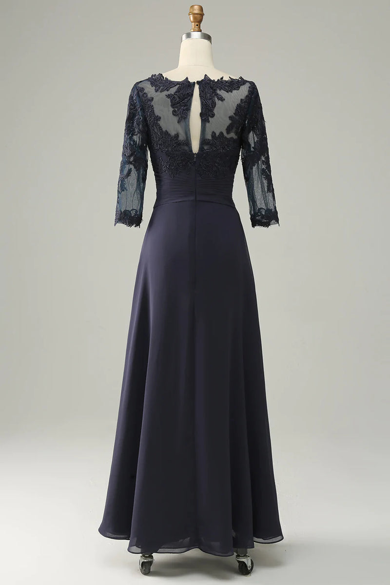 Załaduj obraz do przeglądarki galerii, Asymetryczna Granatowa Sukienki Na Wesele Dla Mamy Z Długim Rękawem