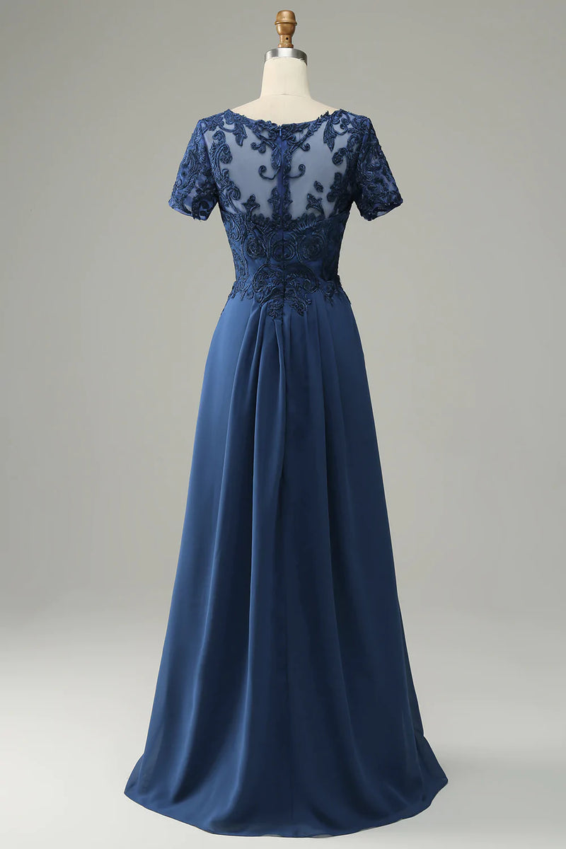 Załaduj obraz do przeglądarki galerii, Niebieska Sukienki Na Wesele Dla Mamy z Aplikacjami z Krótki Rękaw
