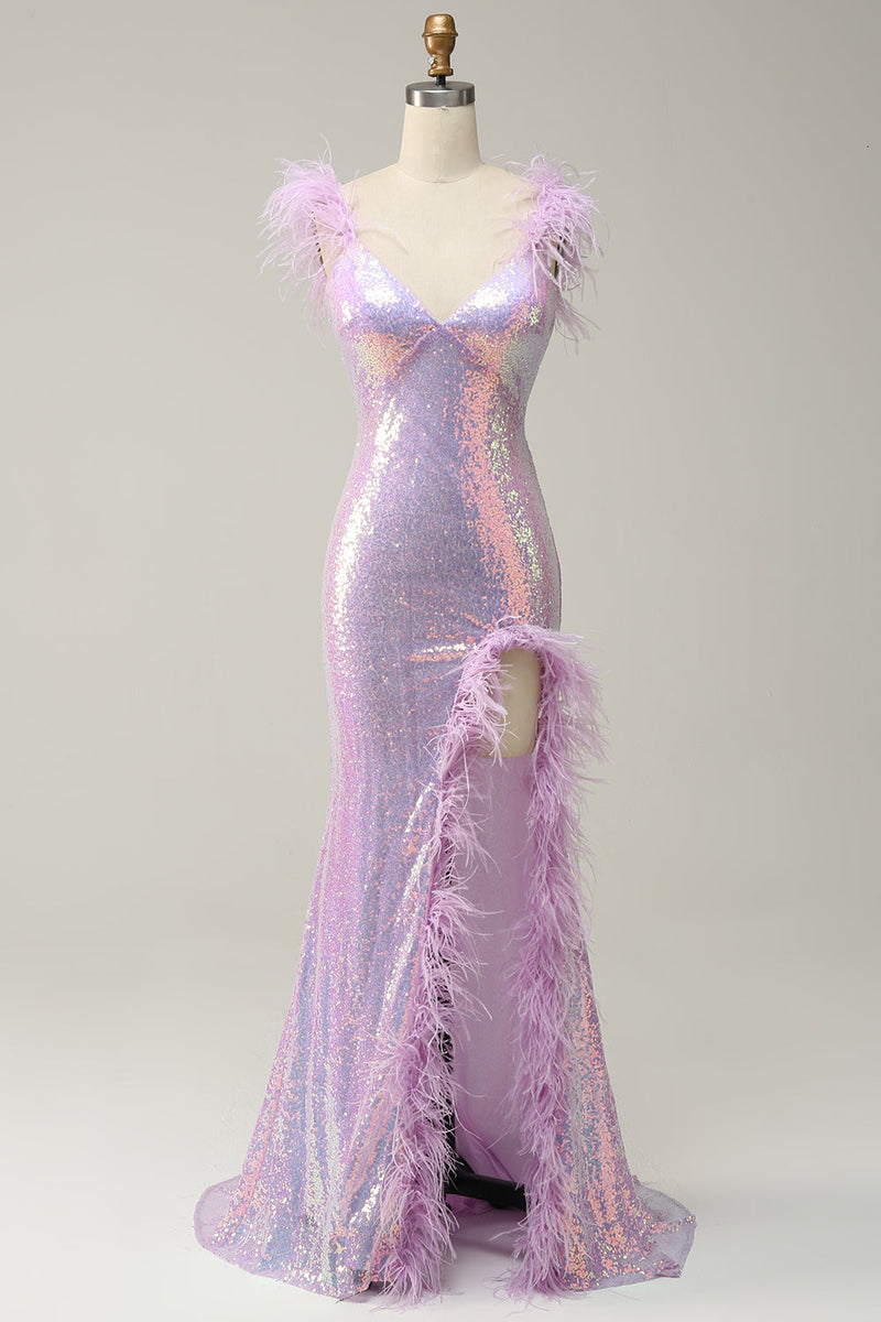 Załaduj obraz do przeglądarki galerii, Syrena Fioletowe Cekiny Długa Sukienka Na Studniówkę z Piórkiem