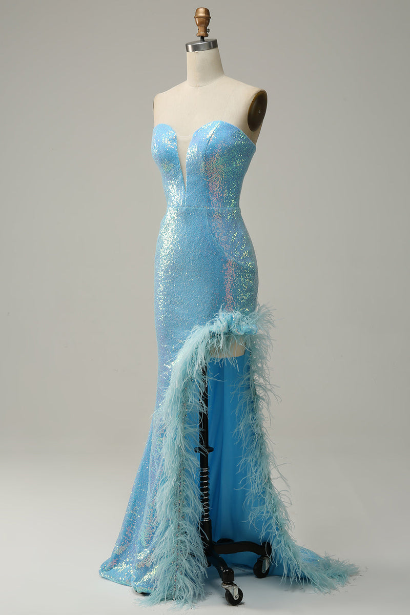 Załaduj obraz do przeglądarki galerii, Długa Syrena Jasnoniebieskie Cekiny Sukienka Na Studniówkę Z Piórkiem