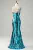 Załaduj obraz do przeglądarki galerii, Błyszczące Niebieskie Cekiny Długa Sukienka Na Studniówke Na Jedno Ramię Z Rozcięciem