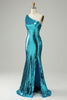Załaduj obraz do przeglądarki galerii, Błyszczące Niebieskie Cekiny Długa Sukienka Na Studniówke Na Jedno Ramię Z Rozcięciem