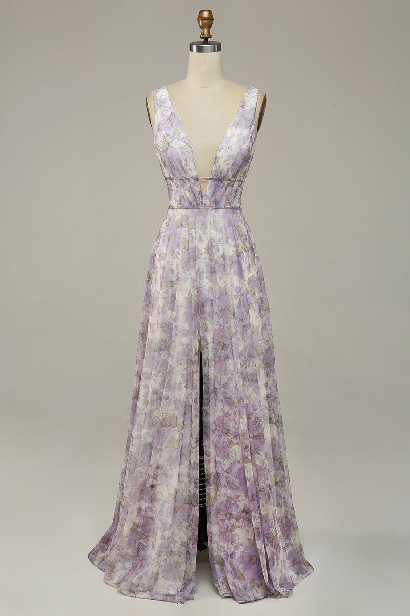 Załaduj obraz do przeglądarki galerii, Fioletowe Dekolt V Sukienki Na Studniówke z Rozcięciem