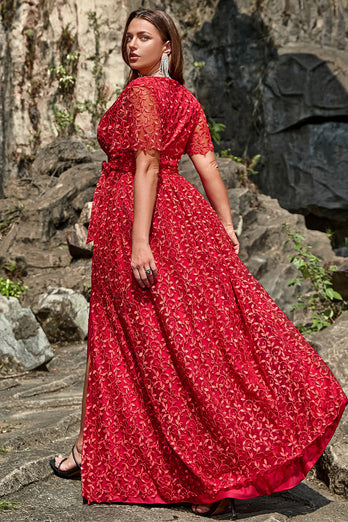 Czerwona Plus Size Dekolt V Sukienki Na Studniówke z Krótki Rękaw