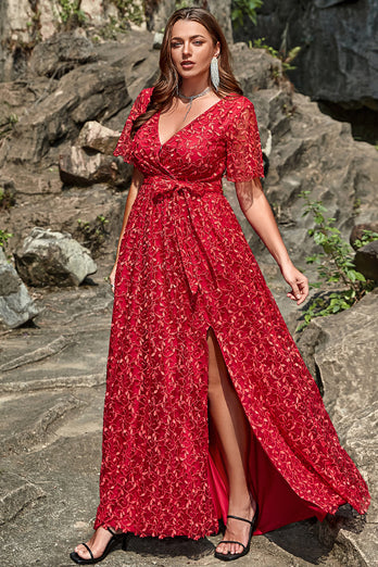 Czerwona Plus Size Dekolt V Sukienki Na Studniówke z Krótki Rękaw