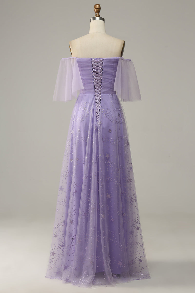 Załaduj obraz do przeglądarki galerii, Fioletowe Sukienki Na Studniówke Z Odkrytymi Ramionami