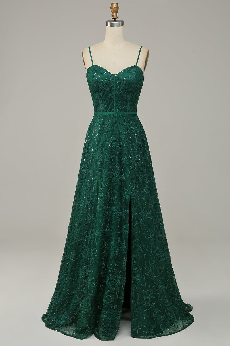 Załaduj obraz do przeglądarki galerii, Zielona Cienkich Ramiączkach Koronkowa Sukienki Na Studniówke Z Rozcięciem