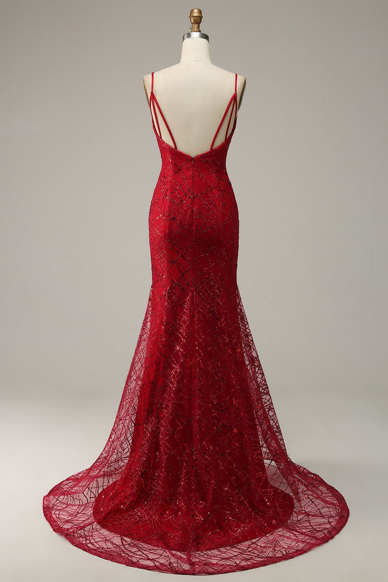 Załaduj obraz do przeglądarki galerii, Czerwona Syrenka Cekinowa Sukienki Na Studniówke z Rozcięciem