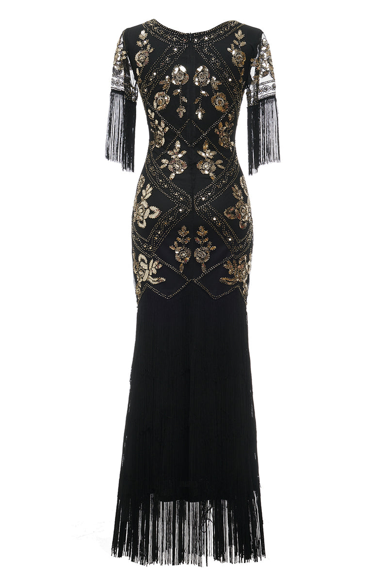 Załaduj obraz do przeglądarki galerii, Dekolt V Czarna Cekinowa Długa Sukienki Lata 20 Z Frędzlami