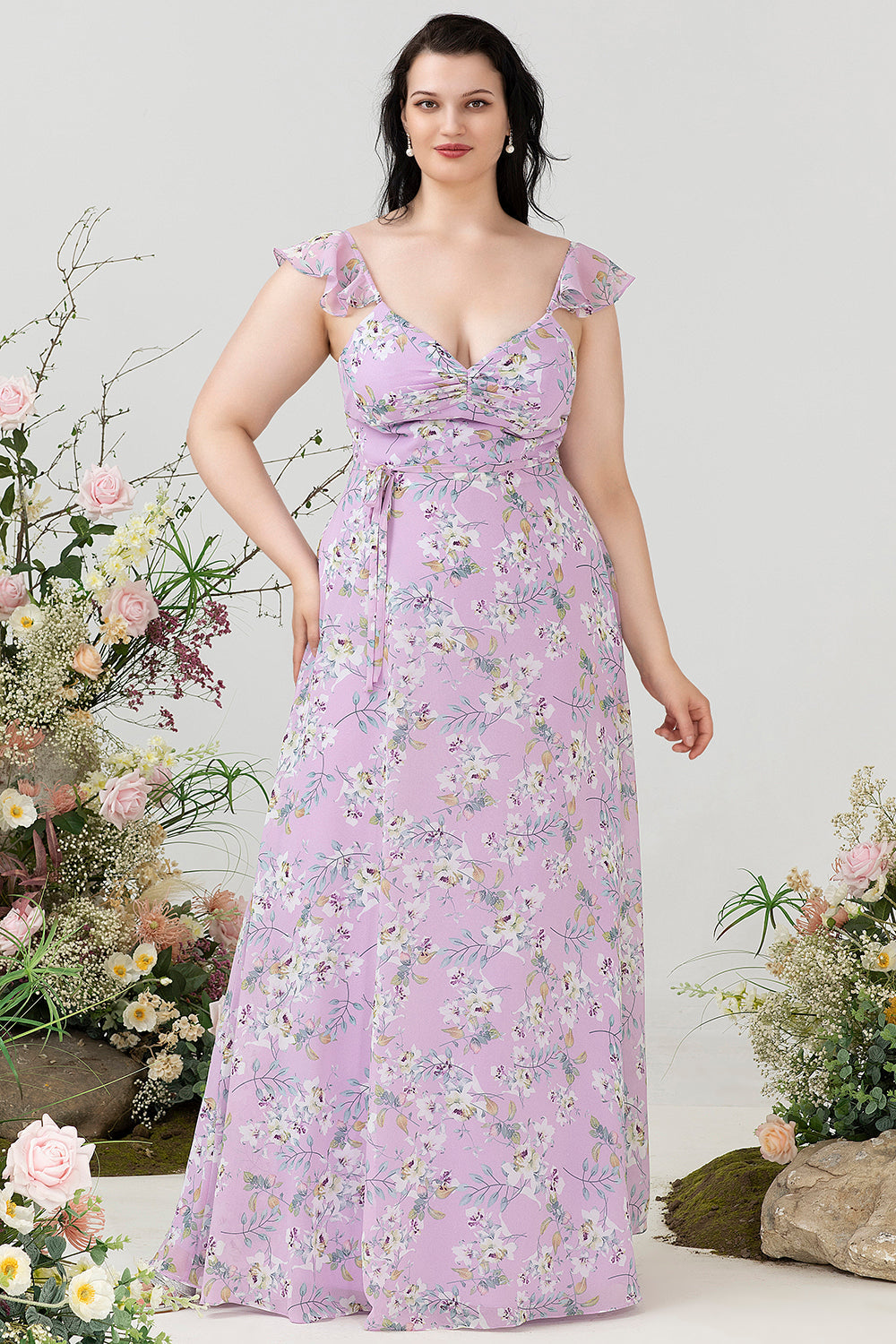 Fioletowy Kwiatowy Nadruk Plus Size Sukienka Dla Druhen