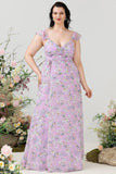 Fioletowy Kwiatowy Nadruk Plus Size Sukienka Dla Druhen
