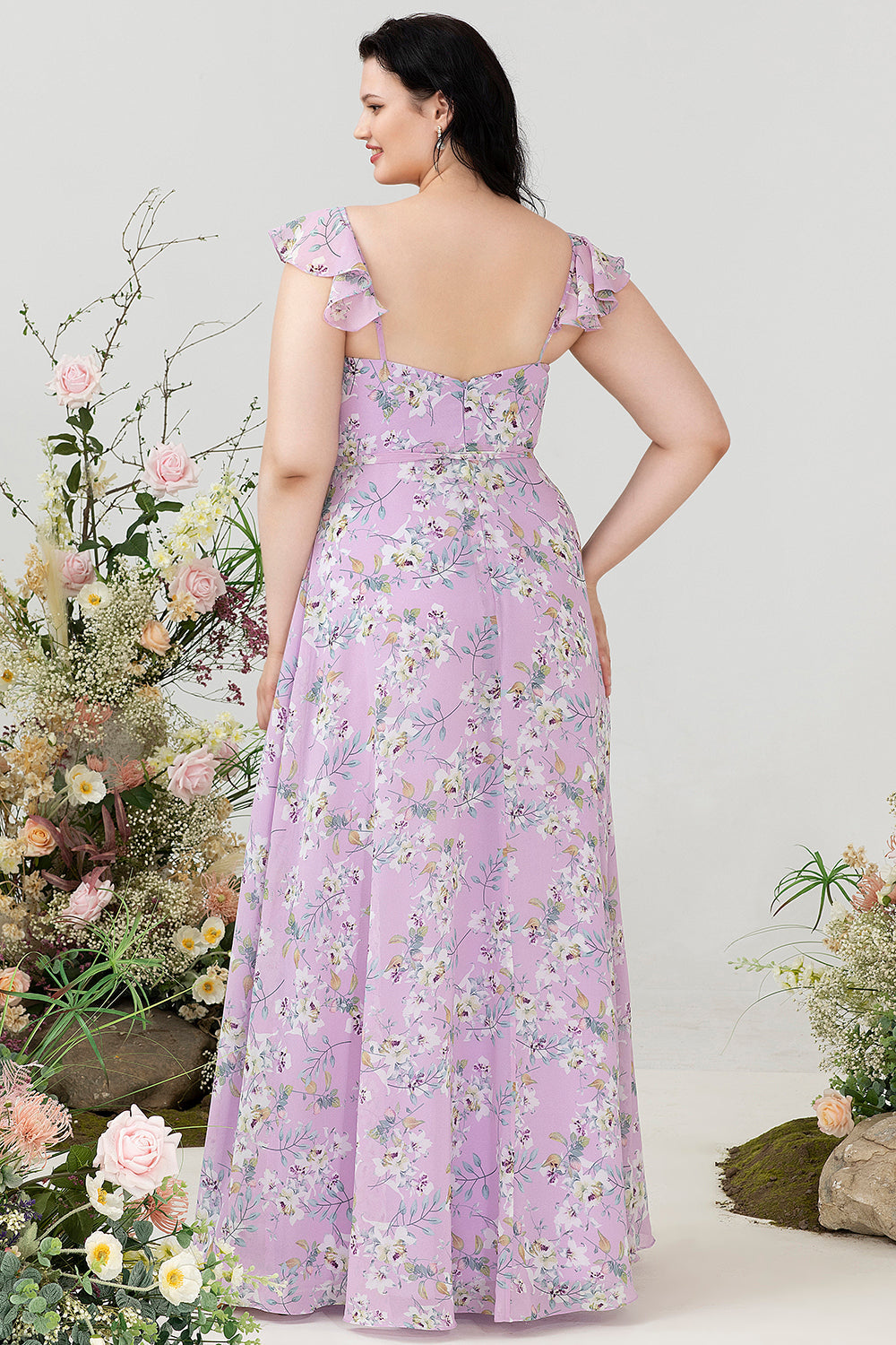 Fioletowy Kwiatowy Nadruk Plus Size Sukienka Dla Druhen
