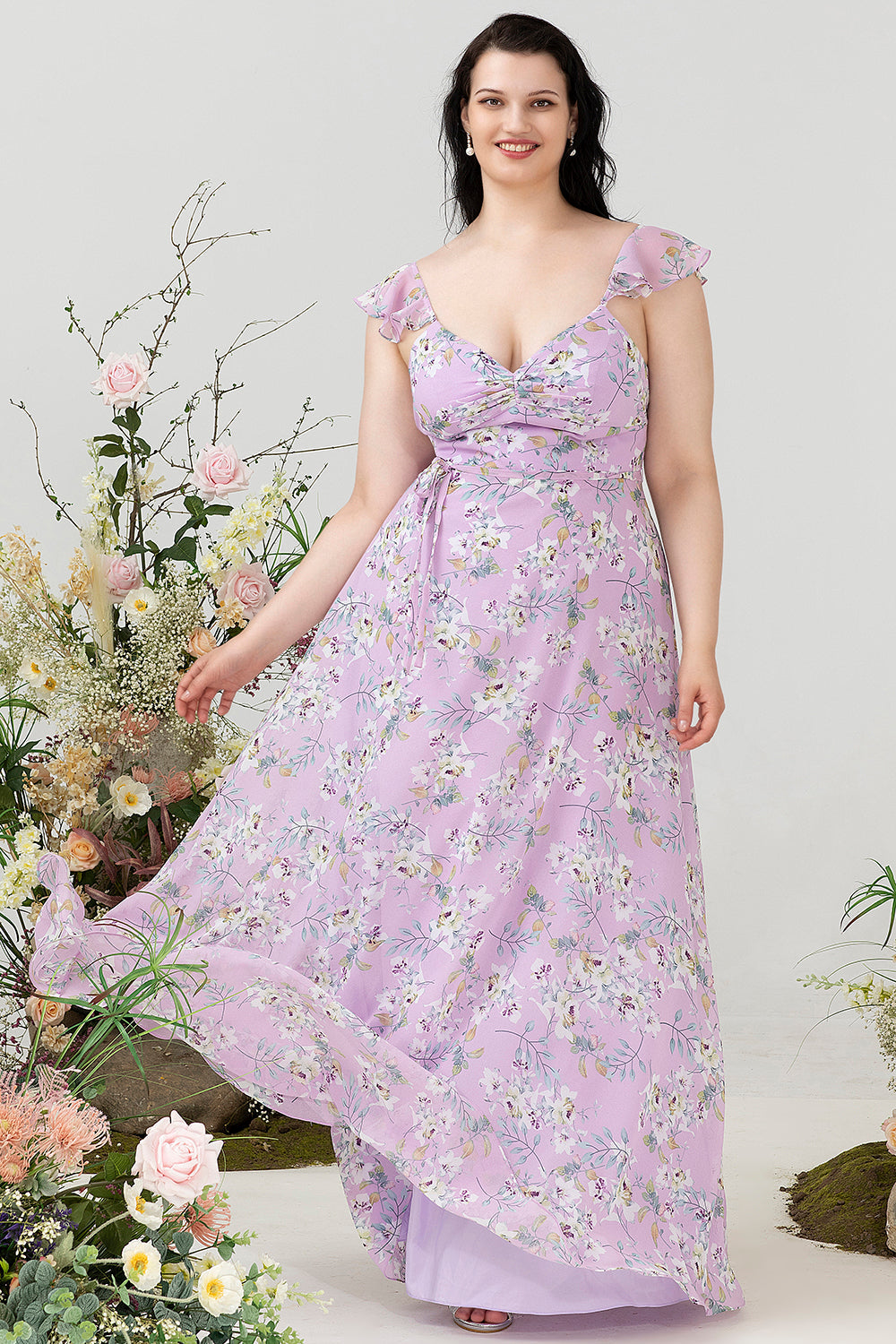 Fioletowy Kwiatowy Nadruk Plus Size Sukienka Dla Druhen