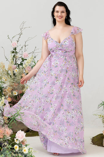 Fioletowy Kwiatowy Nadruk Plus Size Sukienka Dla Druhen