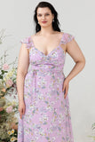 Fioletowy Kwiatowy Nadruk Plus Size Sukienka Dla Druhen