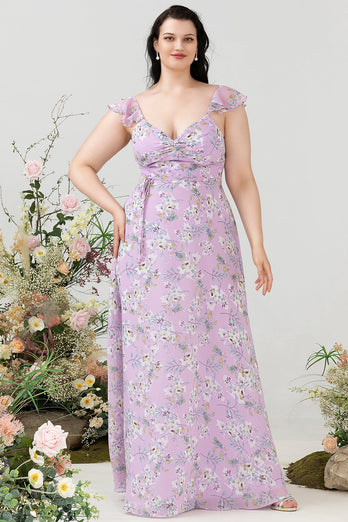 Fioletowy Kwiatowy Nadruk Plus Size Sukienka Dla Druhen
