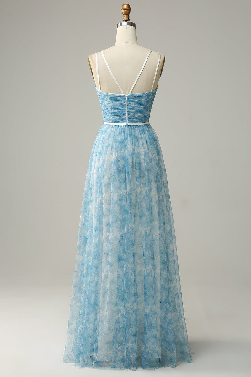 Załaduj obraz do przeglądarki galerii, Niebieska Drukowana Tiulowa Długa Sukienki Dla Druhny Z Nadrukiem
