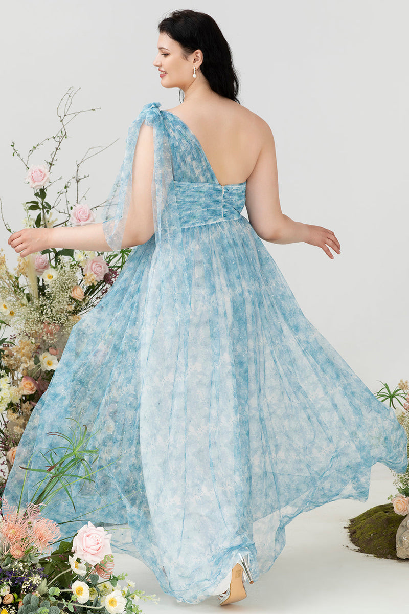 Załaduj obraz do przeglądarki galerii, Niebieski nadruk Jedno ramię Plus Size Sukienka dla druhen