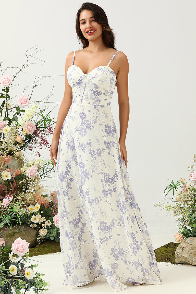 Załaduj obraz do przeglądarki galerii, Linia Cienkich Ramiączkach Kwiatowy Nadruk Fioletowe Długa Sukienka Dla Druhny