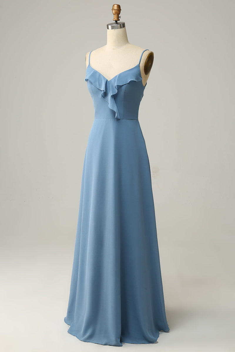 Załaduj obraz do przeglądarki galerii, Szyfon Szaroniebieska Długa Sukienka Druhny Z Marszczeniami
