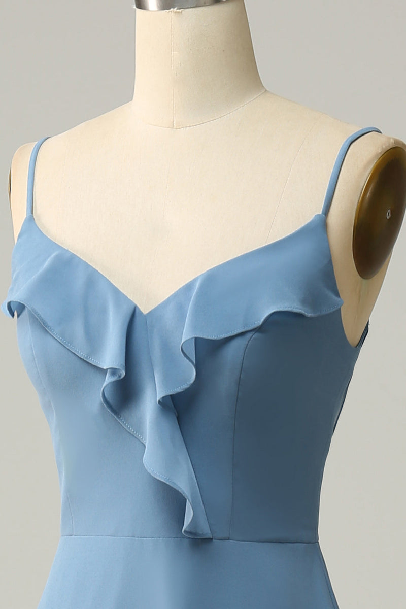 Załaduj obraz do przeglądarki galerii, Szyfon Szaroniebieska Długa Sukienka Druhny Z Marszczeniami