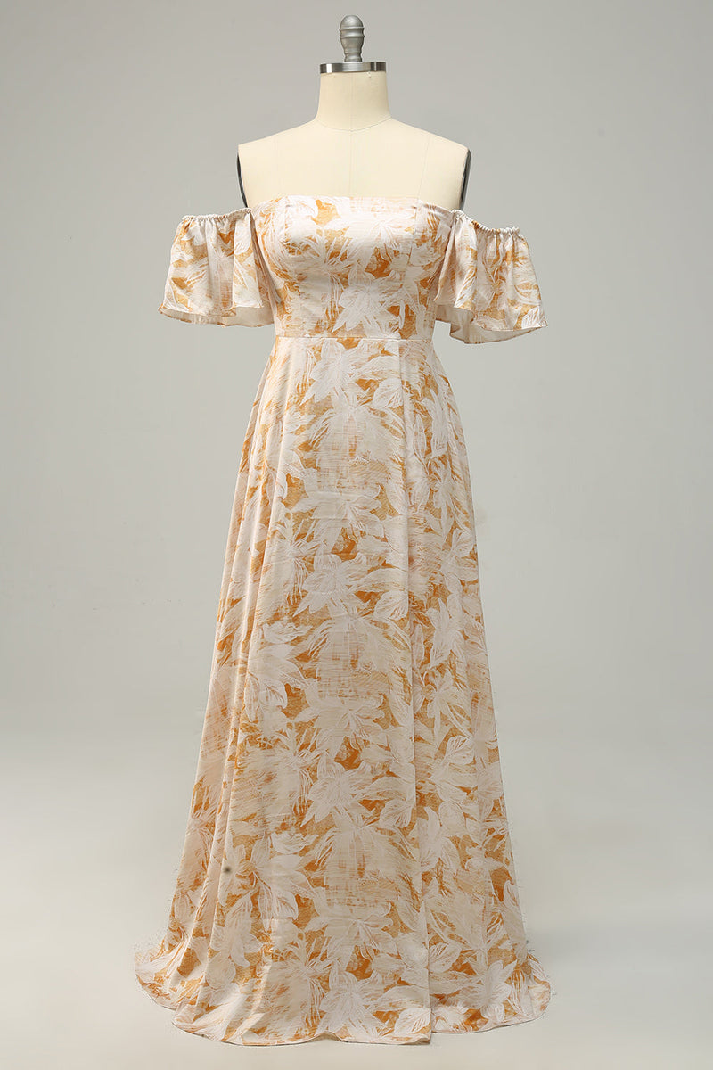 Załaduj obraz do przeglądarki galerii, Plus Size Kwiatowy Nadruk Żółta Sukienki Dla Druhny z Odkrytymi Ramionami