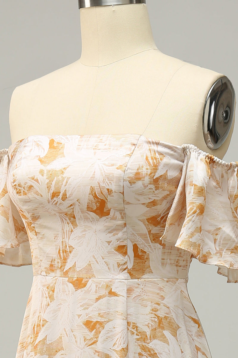 Załaduj obraz do przeglądarki galerii, Plus Size Kwiatowy Nadruk Żółta Sukienki Dla Druhny z Odkrytymi Ramionami
