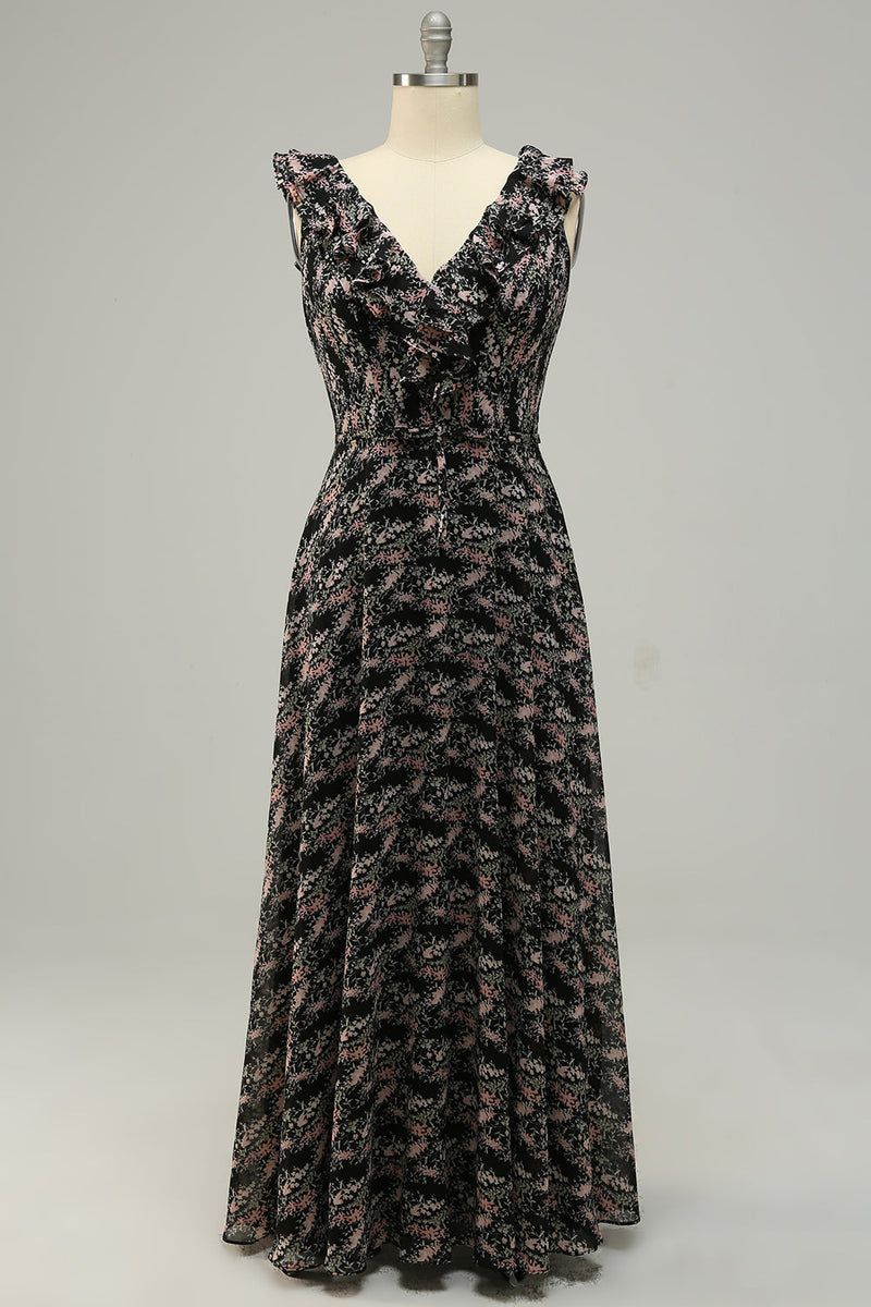 Załaduj obraz do przeglądarki galerii, Dekolt V Kwiatowy Nadruk Fioletowe Sukienki Dla Druhny Z Falbanami