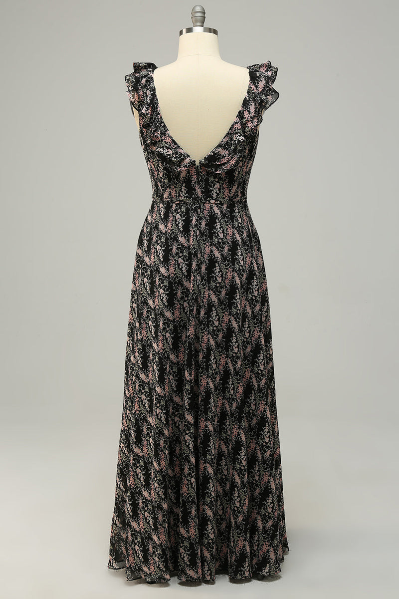 Załaduj obraz do przeglądarki galerii, Dekolt V Kwiatowy Nadruk Fioletowe Sukienki Dla Druhny Z Falbanami