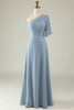 Załaduj obraz do przeglądarki galerii, Szaro-Niebieska Sukienka Dla Druhen Na Jedno Ramię Z Szyfonem Boho
