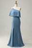 Załaduj obraz do przeglądarki galerii, Plus Size Niebieska Sukienki Dla Druhny Na Jedno Ramię z Rozcięciem