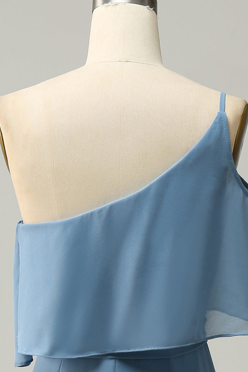 Załaduj obraz do przeglądarki galerii, Plus Size Niebieska Sukienki Dla Druhny Na Jedno Ramię z Rozcięciem