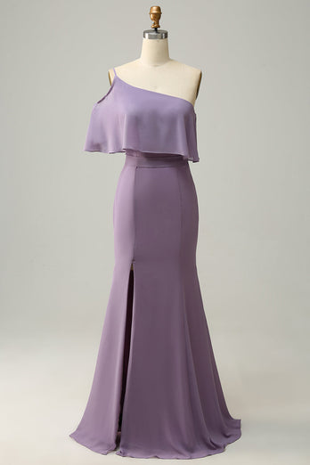 Plus Size Fioletowe Sukienki Dla Druhny Na Jedno Ramię z Rozcięciem