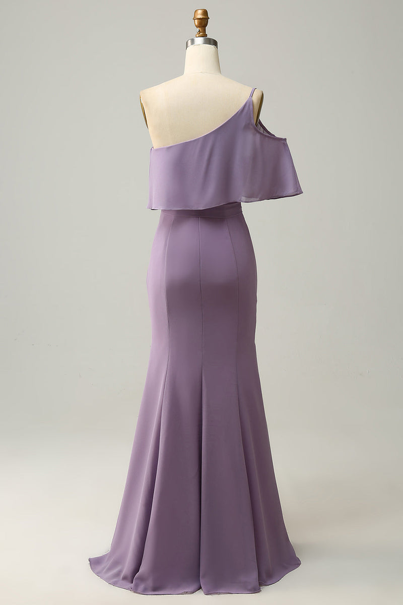 Załaduj obraz do przeglądarki galerii, Plus Size Fioletowe Sukienki Dla Druhny Na Jedno Ramię z Rozcięciem