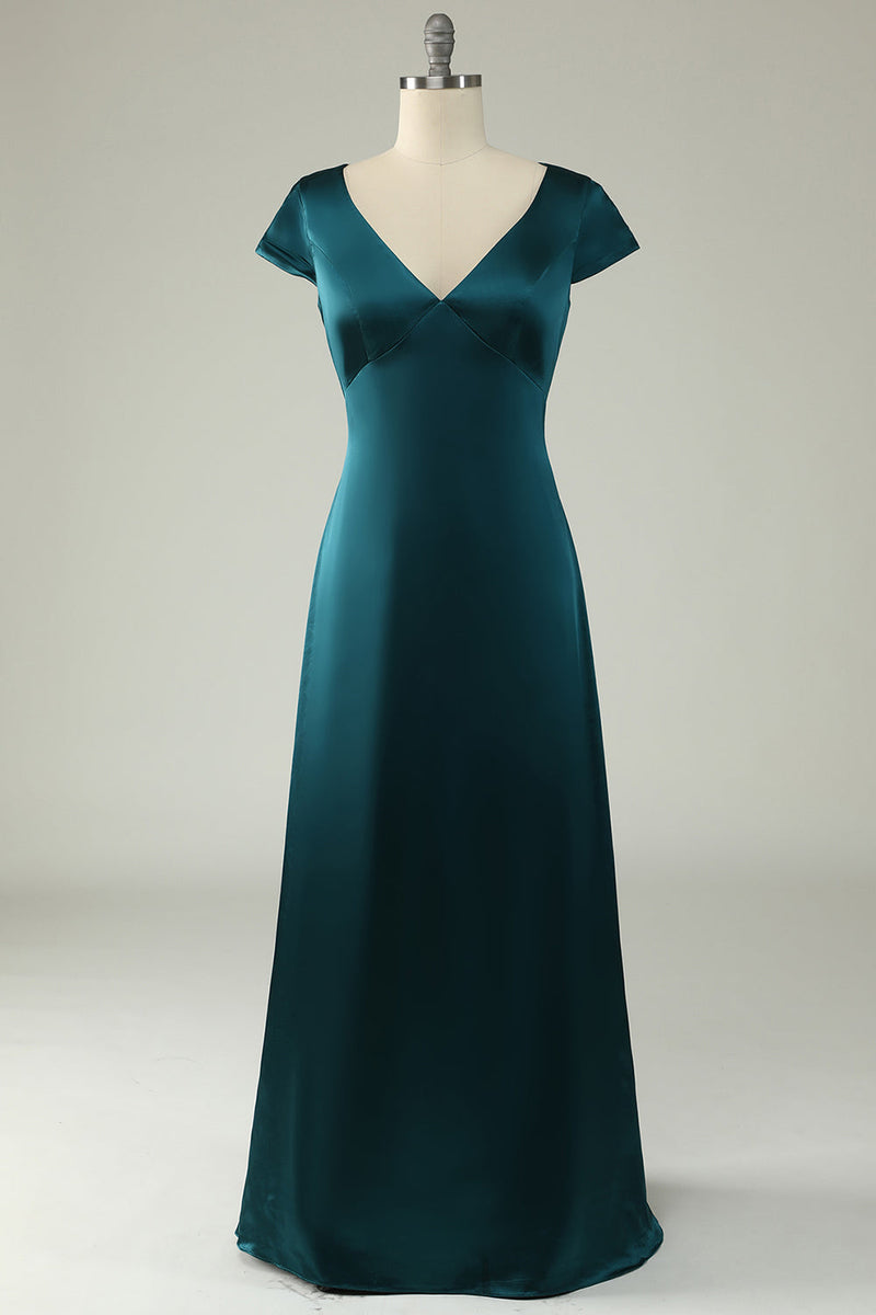 Załaduj obraz do przeglądarki galerii, Plus Size Satynowe Dekolt V Ciemnozielona Sukienki Dla Druhny z Odkrytymi Plecami
