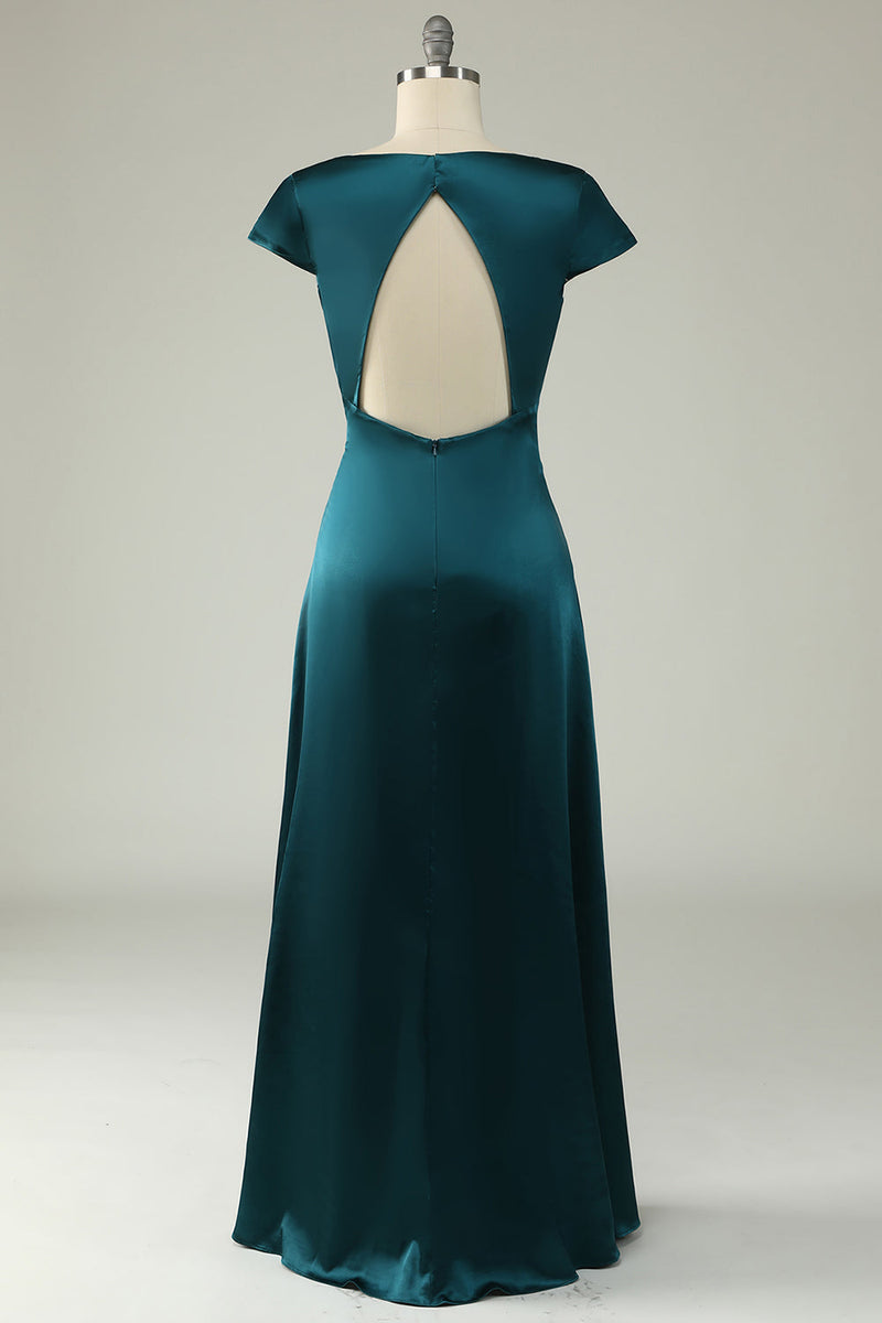Załaduj obraz do przeglądarki galerii, Plus Size Satynowe Dekolt V Ciemnozielona Sukienki Dla Druhny z Odkrytymi Plecami