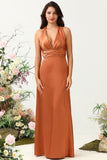 Linia Halter Neck Copper Long Bridesmaid Dress z Criss Cross Back