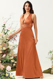 Linia Halter Neck Copper Long Bridesmaid Dress z Criss Cross Back