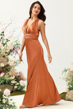 Linia Halter Neck Copper Long Bridesmaid Dress z Criss Cross Back